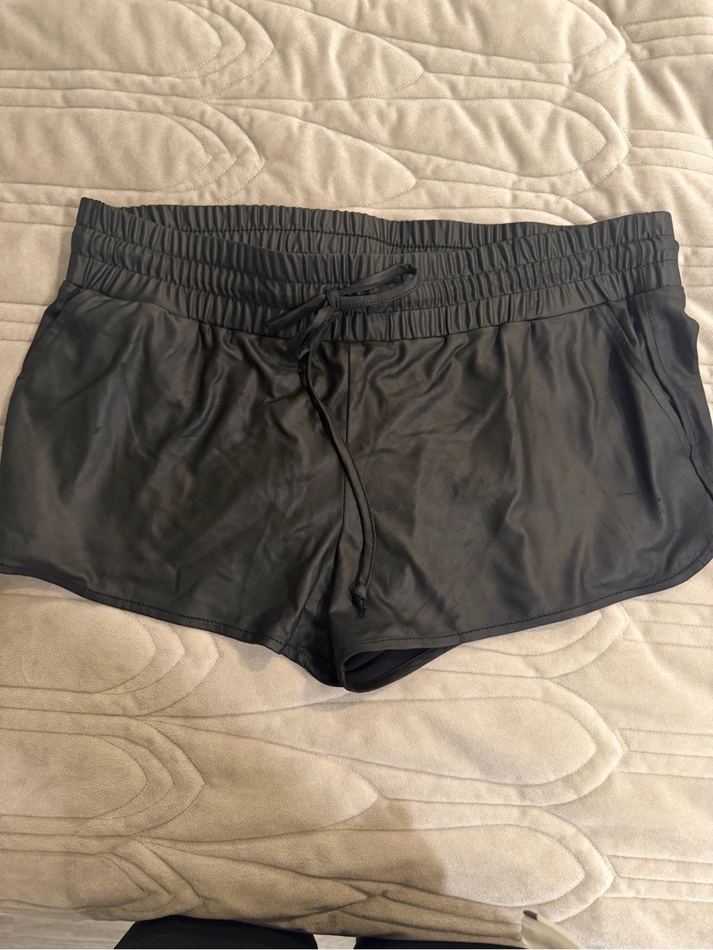 Black Women's Drawstring Faux Leather  Shorts